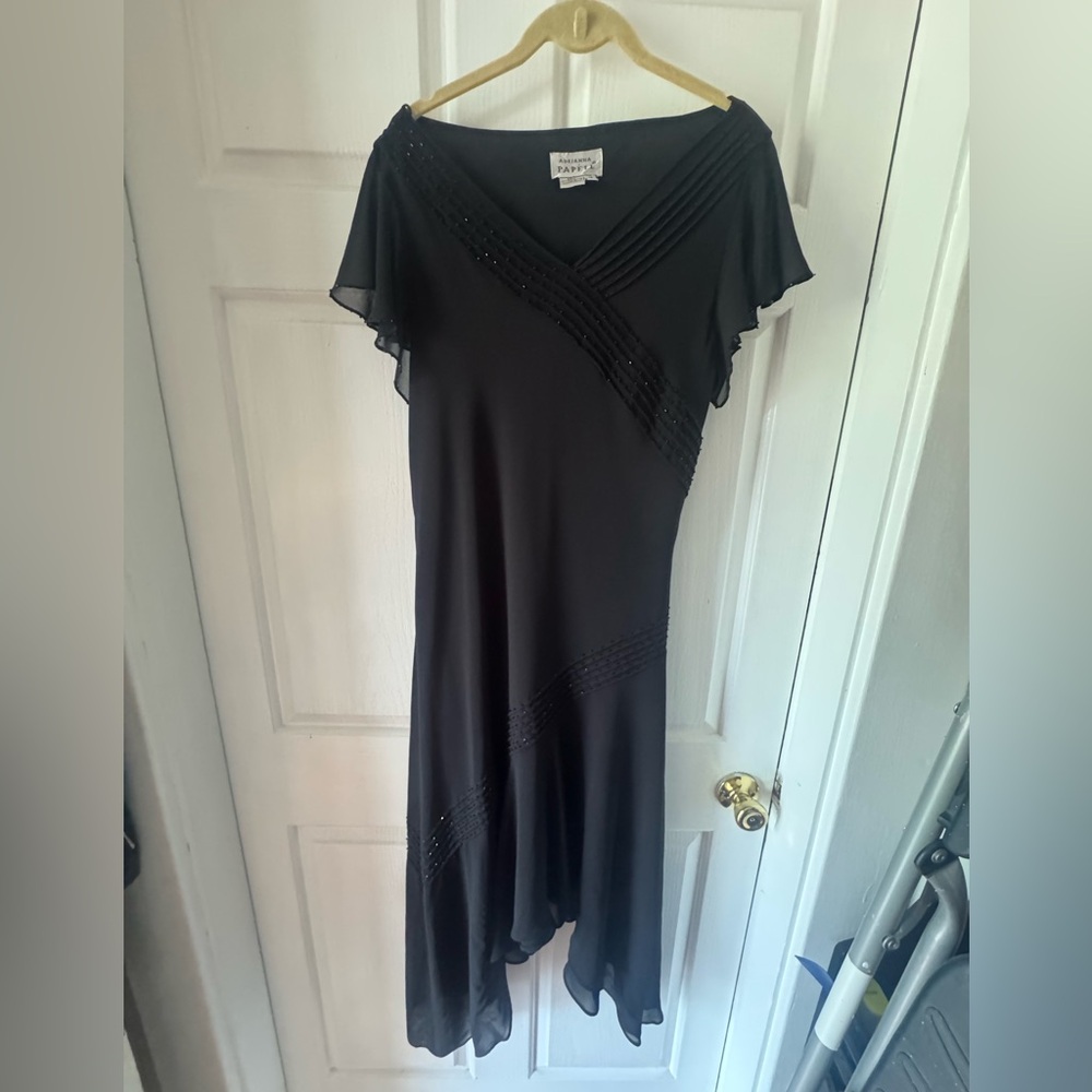 ADRIANNA PAPELL Black Asymmetrical Beaded Formal Party Holiday Event Dress